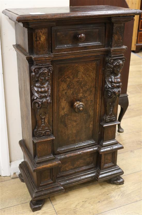 An antique Italian walnut dwarf cupboard, W.1ft 9in. H.2ft 11in.